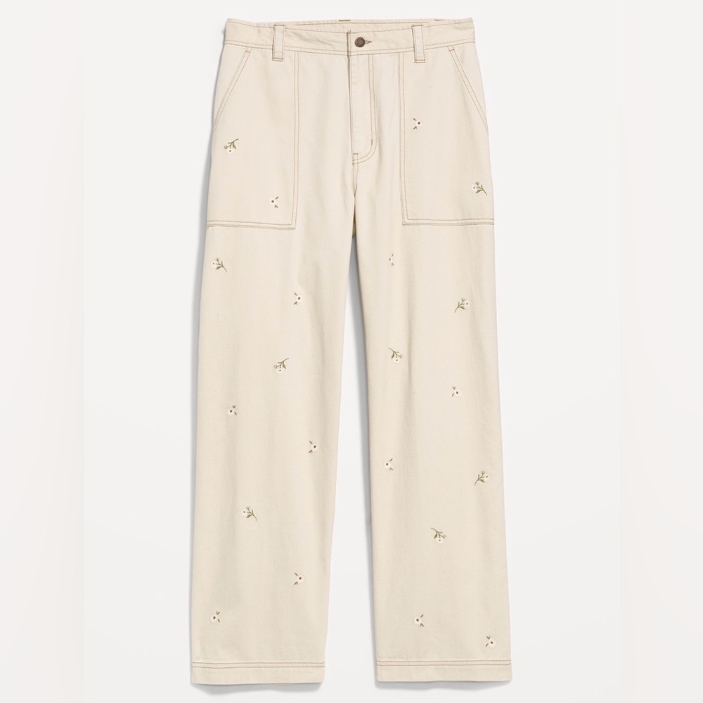 Old Navy Cream Straight-Leg Pants with Subtle Floral Embroidery